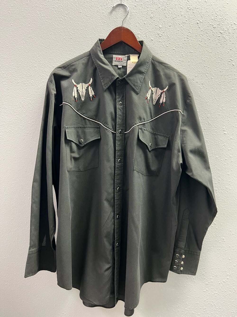 Ely Diamond Western Rockabilly Embroidered Bull Skull Desert Scene Shirt 2x 0022